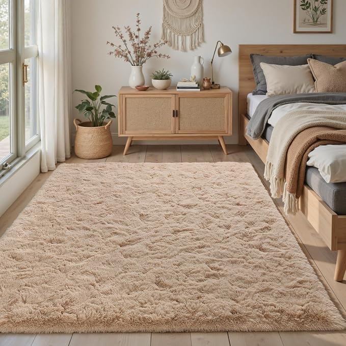 Bedroom Rugs Fluffy Neutral 4x6 Beige Area Rug, Modern Plush Non-Slip Soft Living Room Shag Carpet for Book Room Office,Coffee Stain Resistant