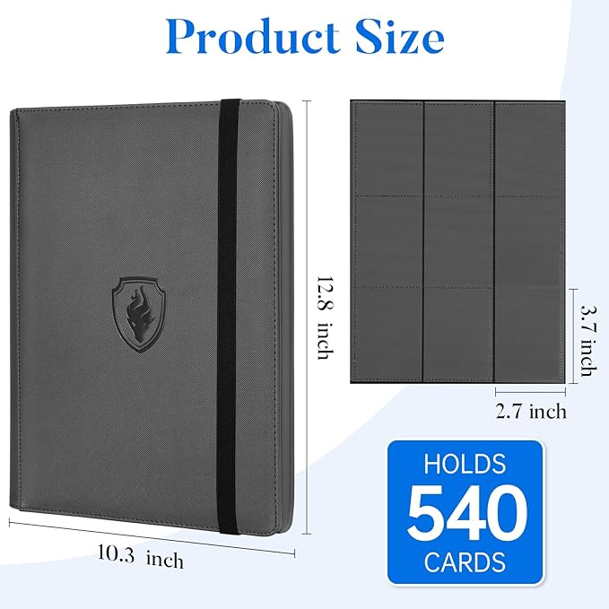 Premium 9 Pocket Card Binder for 540 Cards, Fabmaker PU Cover Trading Card Binder, Sturdy Card Collection Album, Sleek Card Holder Folders for Game Cards & Sports Cards, Grey