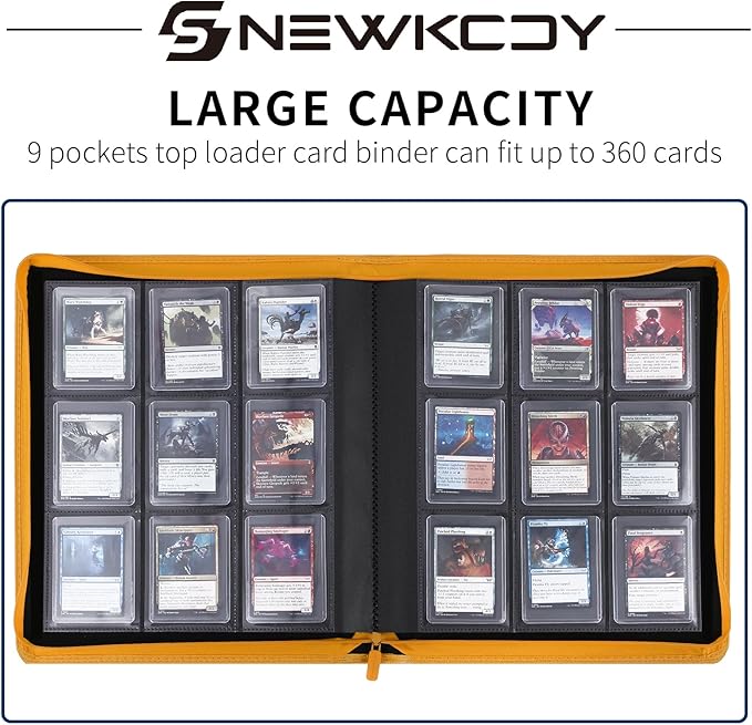 Snekdy Top loader Binder, 9 Pockets Top Loader，Holds 360 Top Loaders cards, Card binder with Sleeves for card in 3 x 4 inches color smooth Zipper PU Leather (Yellow)