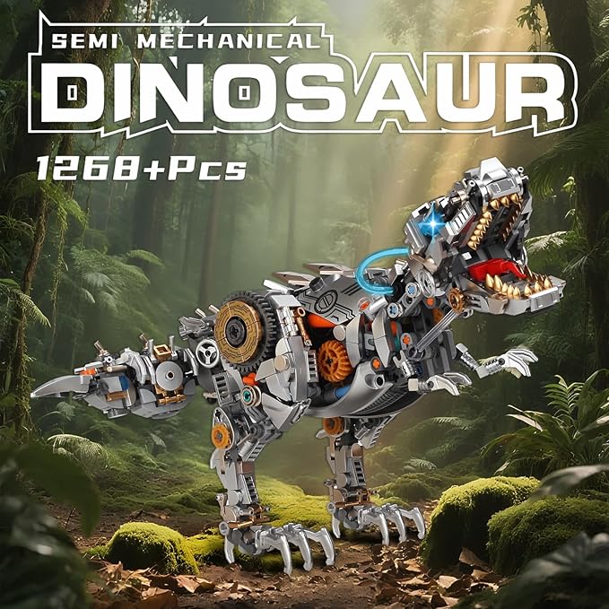 Mechanical Dinosaur Building Blocks Linkage Kit, Jurassic Animal Tyrannosaurus Rex Model with Lighting & Display Stand, STEM Toy DIY Desktop Ornament for Kids Ages 12+, Birthday Gift Idea