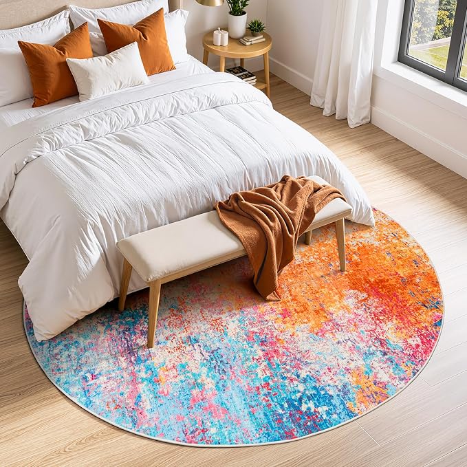 Rugflix Round Area Rugs 6Ft for Living Room, Washable Colorful Circle Rug | Machine Washable; Stain-Resistant; Low Pile; Non-Slip; Modern Abstract; Carpet for Bedroom Dining Office Nursery Home