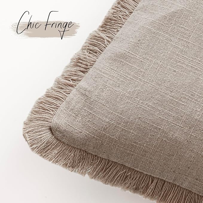 Foindtower Set of 2 Decorative Linen Fringe Throw Pillow Covers Boho Farmhouse Cushion Cover with Tassels Soft Accent Pillowcase for Couch Sofa Bed Living Room Home Decor,26×26 Inch,Natural Linen