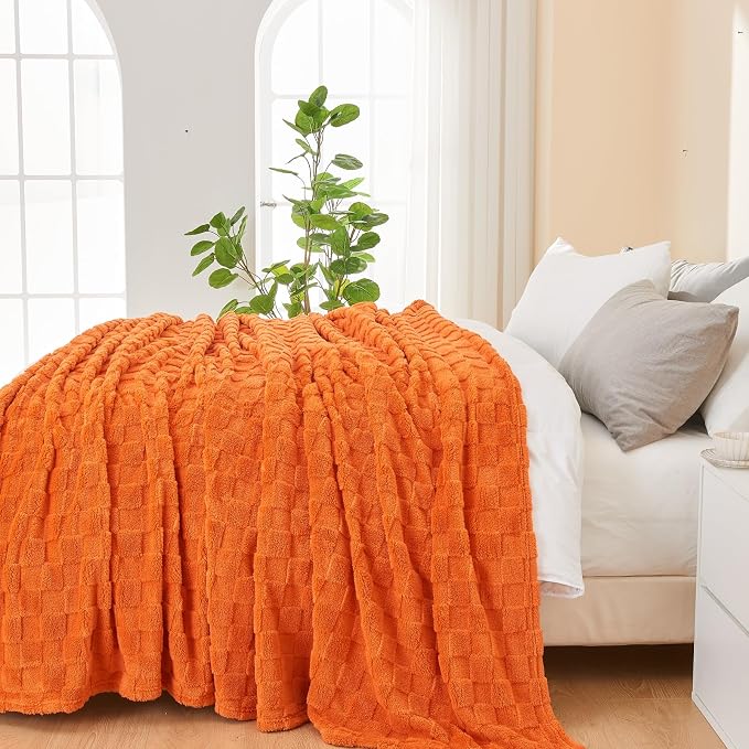 NEWCOSPLAY 3D Checkered Flannel Twin Blanket, Orange Checkered, 60"x80" | Super Soft Cute Lightweight Decorative Premium Silky Fleece Blanket for Couch Sofa Bed, Gift for Women Men, All Season Use