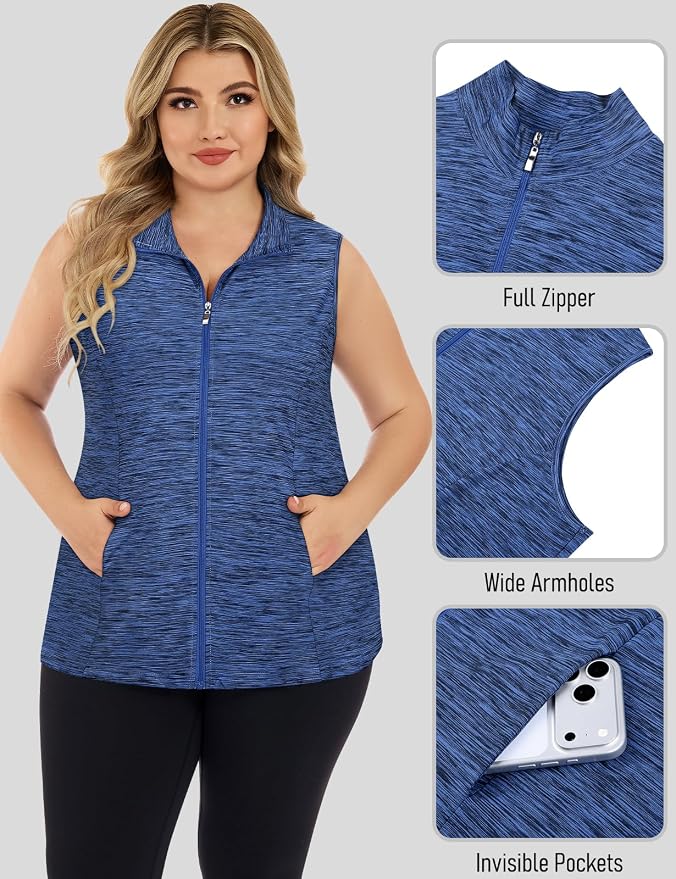 Misyula Style Plus Size Womens Golf Shirt Full-Zip with Pockets Tank Tops | Sleeveless, Quick Dry, Moisture-wicking, Lightweight Vests, Athletic, Tennis, Running, Workout, Casual, Travel, Work