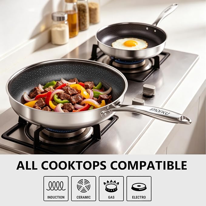 imarku 8, 10 and 12-Inch Non Stick Frying Pans with Lids, Ceramic Coating | 6-Piece Stainless Steel Cookware Set for Home Cooking, Dishwasher Friendly, Oven Safe, Induction Ready, for Men and Women