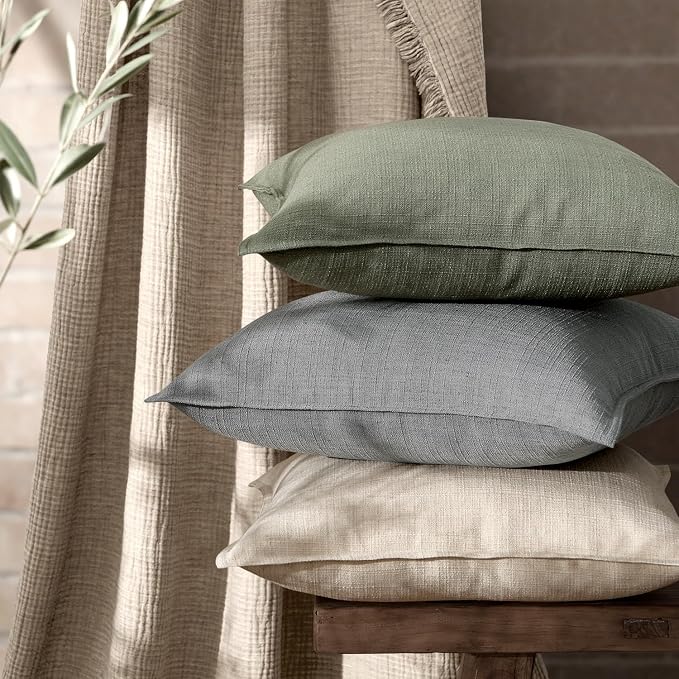MIULEE Thick Textured Decorative Throw Pillow Covers 22x22 Inch Olive Green | Set of 2, Linen Blend Pillow Cover, Flange Edge Design, Farmhouse Modern Boho Style, Bed Couch Living Room Decor