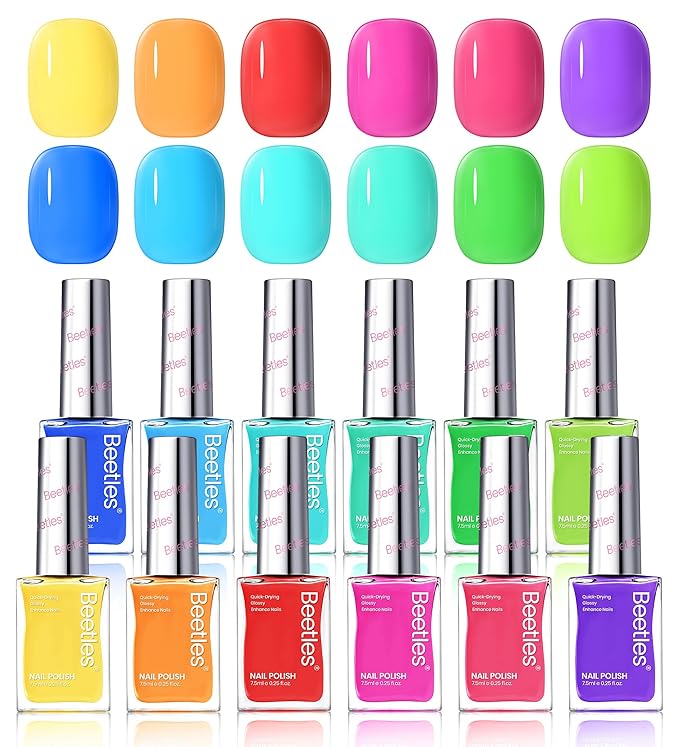 Beetles Neon Nail Polish Set - Quick Dry Nail Polish Kit 12 Colors Hot Pink Green Blue Yellow Red Regular Air Dry Fingernail Polish Pack for Women Spring Gift Beetles Cocktails 12 Colors