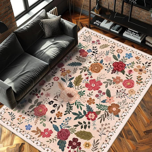 5x7 Area Rugs for Living Room Clearance Washable Boho Area Rug, Vintage Floral Non Slip Low Pile Large Rug for Living Room, Bedroom, Dining Room, Farmhouse (5 x 7 Beige Red)