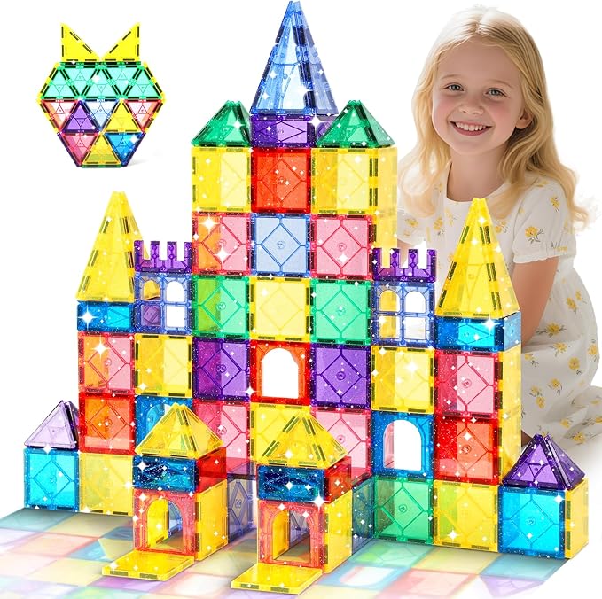 100 Pieces Magnetic Tiles for Kids Ages 4-8, Glitter Magnetic Building Tiles Preschool Learning Magnet Toys, STEM Sensory Magnet Building Blocks for Toddlers 3 4 5 6 7 8+ Year Old Boys Girls