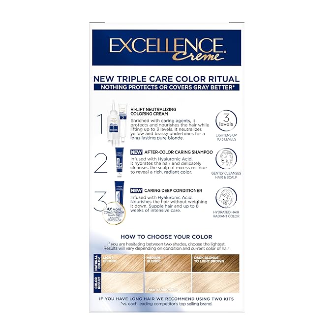 L'Oreal Paris Excellence Crème Permanent Hair Dye, Triple Care Hair Color with Hyaluronic Acid for 100% Gray Coverage, 02 Extra Light Natural Blonde, 1 Kit (Packaging May Vary)