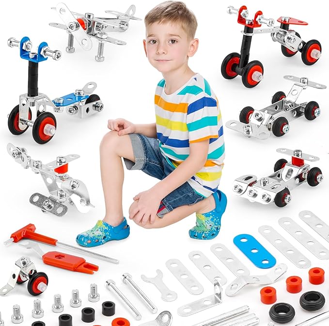 Erector Set Metal Transportation Toys,231 Pcs Cars, Airplane&Bicycle 6 Metal Model Set,Building Kits for Boys 8-12,Stem Project Building Assembly Vehicles,Christmas Toddler Kids Boys Gifts