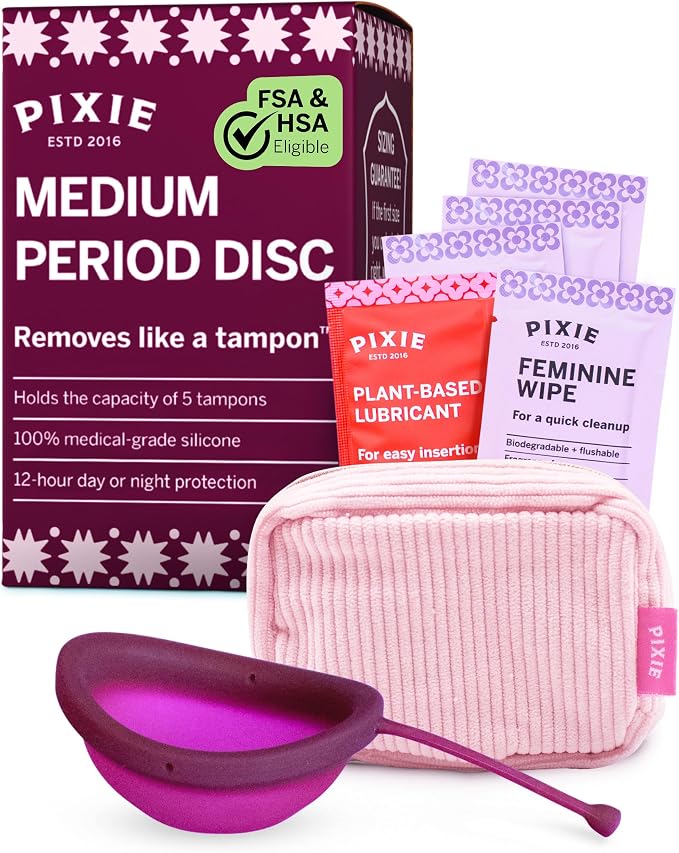 Pixie Menstrual Disc for Feminine Care - Ranked 1 for Best Tampon Alternative Period Disc - 100% Medical-Grade Silicone - Removes Like a Tampon - Wear 12 Hours - Capacity of 5 Tampons (Plum, Medium)