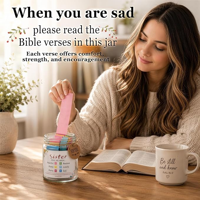 Bible Verse Jar for Sisters, Faith Encouragement Gift with Color-Coded Verses, Ideal for Birthdays, Christmas, and Mother’s Day. A heartwarming spiritual companion for Christian women and girls.