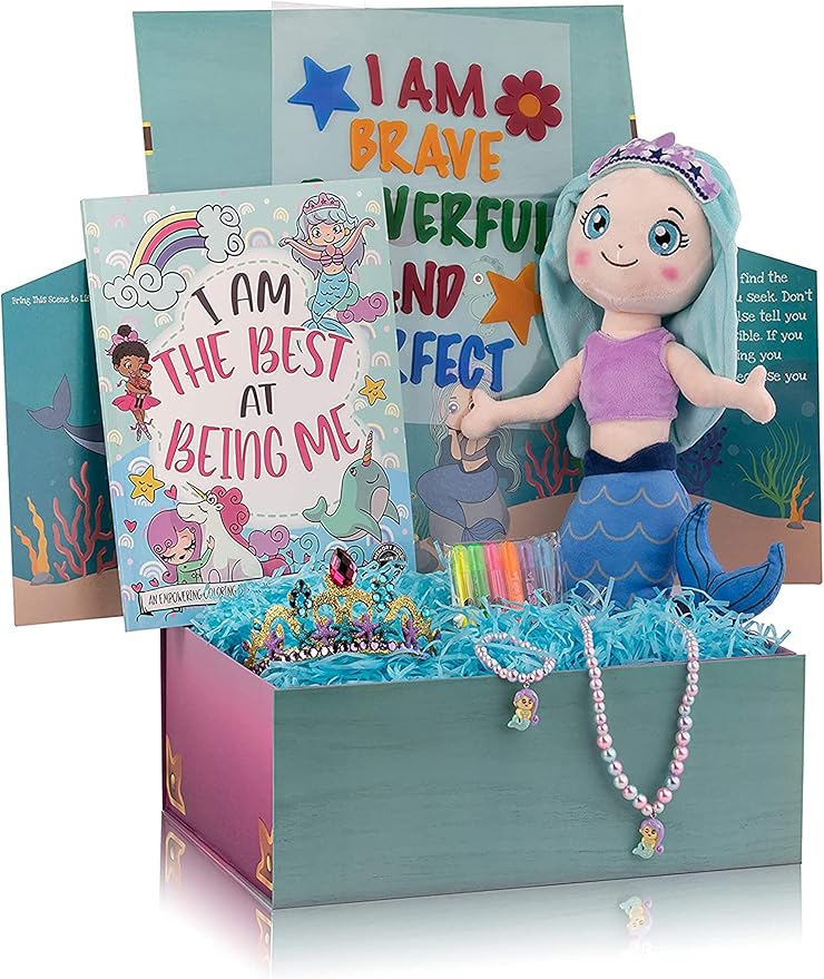 The Memory Building Company Kids Mermaid Surprise Box for Girls & Boys, Includes Plush, Coloring Book + Markers, Jewelry, Crown Headband, Birthday Toys Easter Basket Stuffers Age 6 & Up
