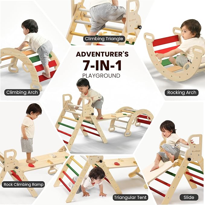 BlueWood Pikler Triangle Set, Toddler Wooden Climbing Toys Indoor 7in1 Foldable Climber for Kids, Montessori Philosophy Play Jungle Gym with Arch, Ramp, Ladder (Warm Winter Christmas)