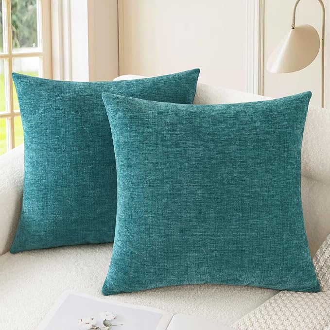 CaliTime Decorative Couch Throw Pillow Covers 16 X 16 Inches Teal | Pack of 2, Cozy Chenille Cushion Cases for Sofa Bed Living Room Farmhouse Home