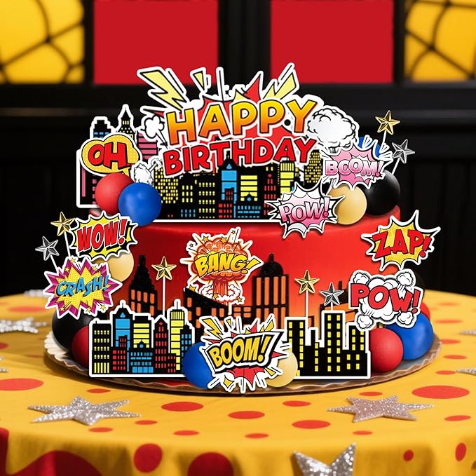 46 PCS Superhero Cake Topper - Happy Birthday Decorations for Hero Themed Party Supplies - City Cake Decor (blue)