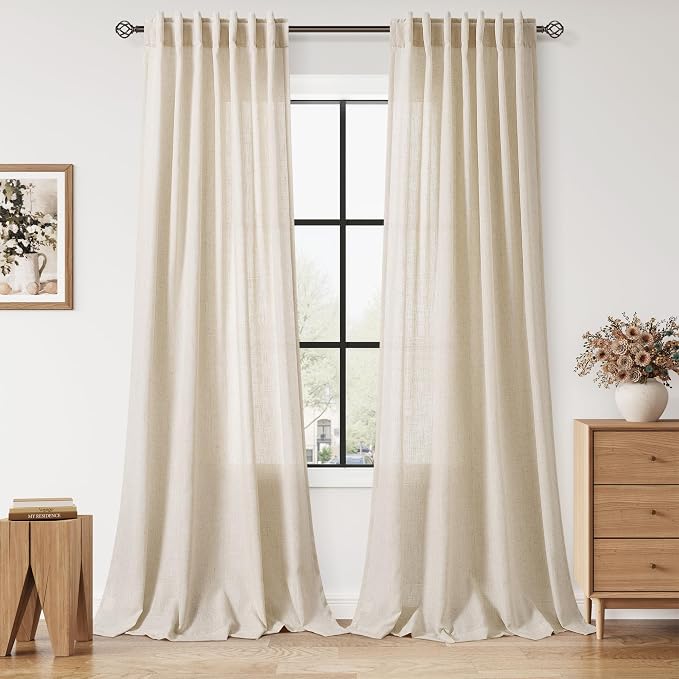 Linen Curtains for Living Room 102 Inches Long Modern Farmhouse Decor Light Filtering Semi Sheer Curtain Back Tab Luxury Neutral Rustic Floor to Ceiling High Window for Bedroom 52x102, 2 Panels