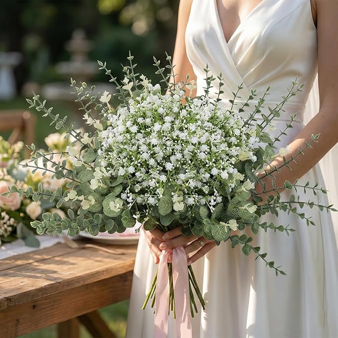 lovemoon 100 Pcs Mixed Greenery Artificial Eucalyptus Stems, Baby Breath Artificial Flowers Bulk and Eucalyptus Leaves for Wedding Bouquets Home Office Floral Decor (100, Green and White)