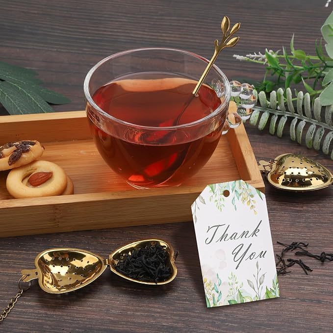 50 Sets Bridal Shower Tea Party Favor for Heart Shape Infuser Ball for Loose Guest Leaf Tea Spoon with Thank You Card Organza Bag Wedding Favors Tea Party Decorations Elegant Party Favors(Gold)