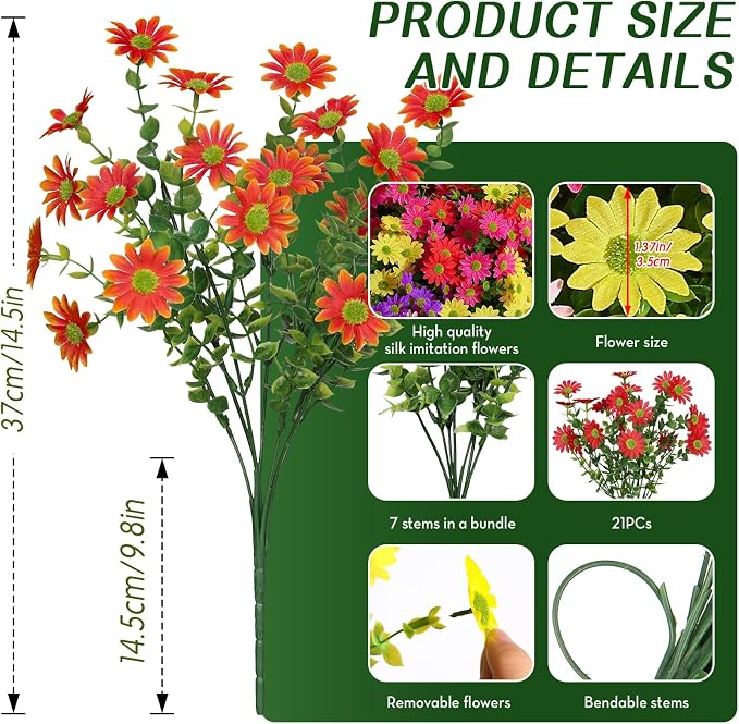 Alupssuc 20 Bundles Artificial Daisies Flowers Fake Silk Plant for Indoor Outdoor Decor, UV Resistant No Fade Faux Spring Flowers for Garden, Porch & Patio Decoration,RedRosyPurpleYellowOrange