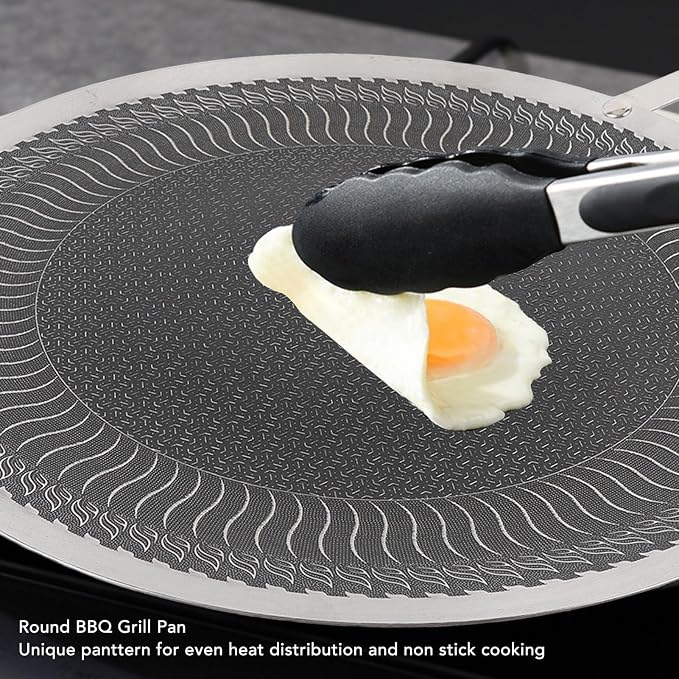 POCREATION Korean BBQ Grill Pan, Stainless Steel Nonstick Even Heating Cooking Pan for Indoor Outdoor Gatherings with Wood Handle Induction Gas Electric Compatible Round 38cm 1 Pack
