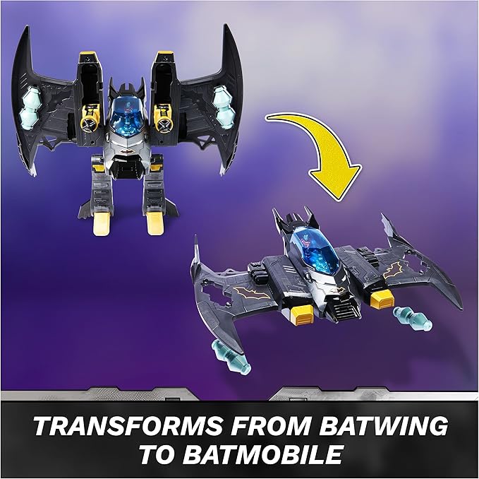 DC Comics, Metal Force Transforming Batwing, 2-in-1 Playset, Includes Batman and Superman Figures, with Projectiles and Character Cards, Kids Toy for Boys Ages 4 and Up