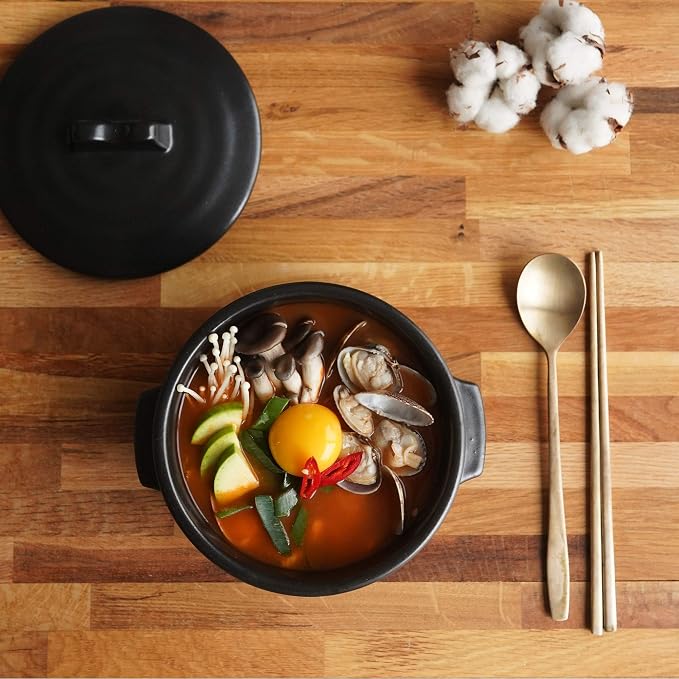 Premium Korean Stone Bowl with Lid and Tray Set, 37 oz Dolsot Hot Pot for Bibimbap and Soup, Sizzling Ceramic Cookware