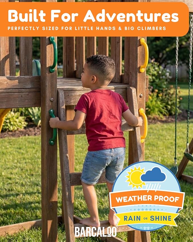 Playground Outdoor Safety Handle Accessories 4 Pack Color Combo Set – Set of 2 Green & 2 Yellow Grab Handle Safety Bars Equipment for Kids Jungle Gym, Tree House, Monkey Bars, and More