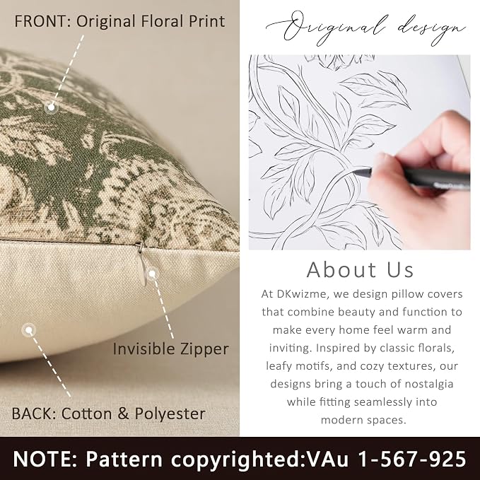Vintage Floral Print Throw Pillow Covers 22x22 Set of 2 Neutral Modern Farmhouse Accent Decorative Cushion Covers Boho Home Decor for Couch Sofa Chair Bed Living Room, Olive Green