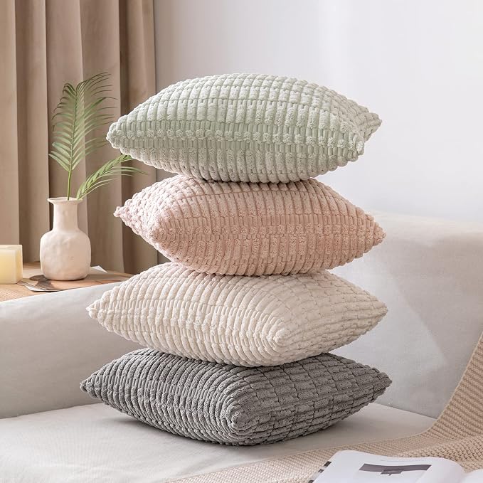 MIULEE Corduroy Decorative Throw Pillow Covers 20x20 Light Green Pack of 2 | Soft Boho Striped Pillow Covers Modern Farmhouse Home Decor For Sofa Living Room Couch Bed