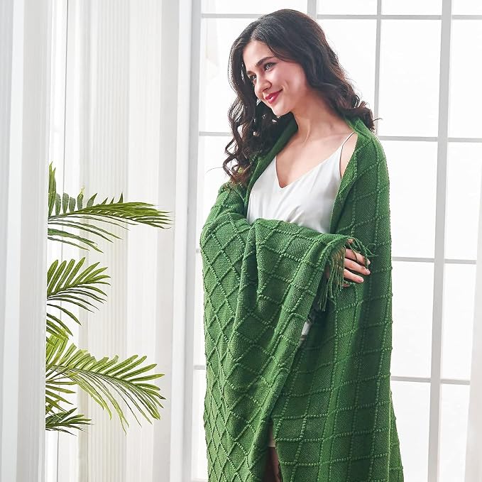 inhand Green Knitted Throw Blanket for Couch and Bed, 50"x60" | Throws for Her or Him, Soft Farmhouse Woven Blanket, Tassel, Lightweight Decorative, Cozy Knit, Warm Living Room Home Decor