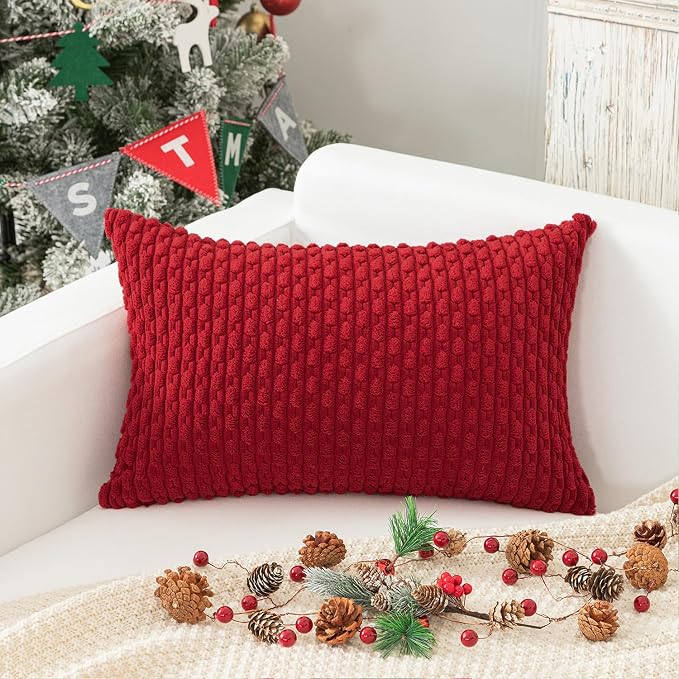 Kevin Textile Soft Corduroy 12"x24" Lumbar Pillow Cover 1 Pack, Red | Boho Stripe Plush Corduroy Decorative Oblong Cushion Cover Modern Farmhouse Home Decor for Sofa Couch Bed Chair