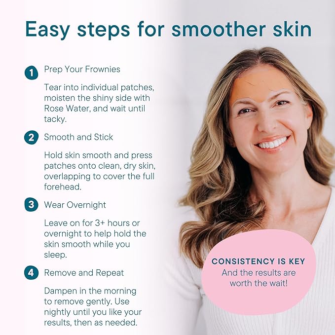 Frownies Forehead & Between the Eyes Facial Patches and Rose Water Hydrator Combo – Forehead Wrinkle Patches (144) with Rose Water Spray for Face (2oz) – For All Ages & Skin Types