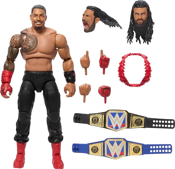 Mattel WWE Ultimate Edition Action Figure & Accessories Set, Roman Reigns 6-inch Collectible with 30 Articulation Points, Swappable Pieces & Entrance Gear