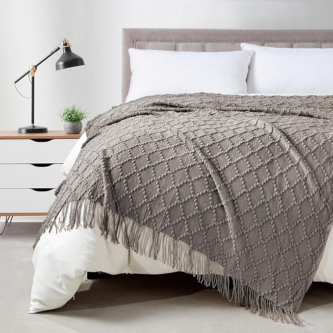 BOURINA Dark Grey Throw Blanket 50 x70 Inch Jacquard Throw Knitted Blanket | Jacquard Argyle Throw Textured Solid Soft Throws and Blankets for Sofa or Bed Knitted Decorative Blanket