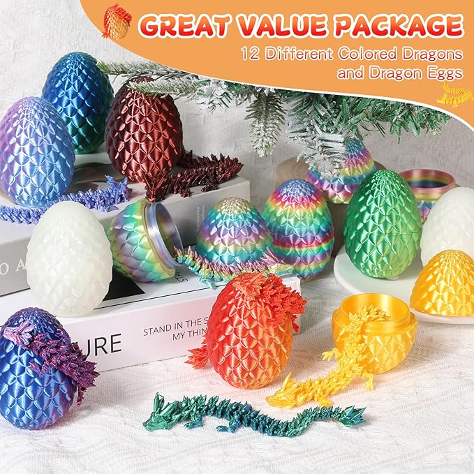 12PCS 3D Printed Dragon Eggs with Dragon Inside, Easter Egg Stuffers, Articulated Dragon Fidget Toy for Kid Boy Girls, Mystery Dragon Eggs for Kindergarten Graduation Gifts