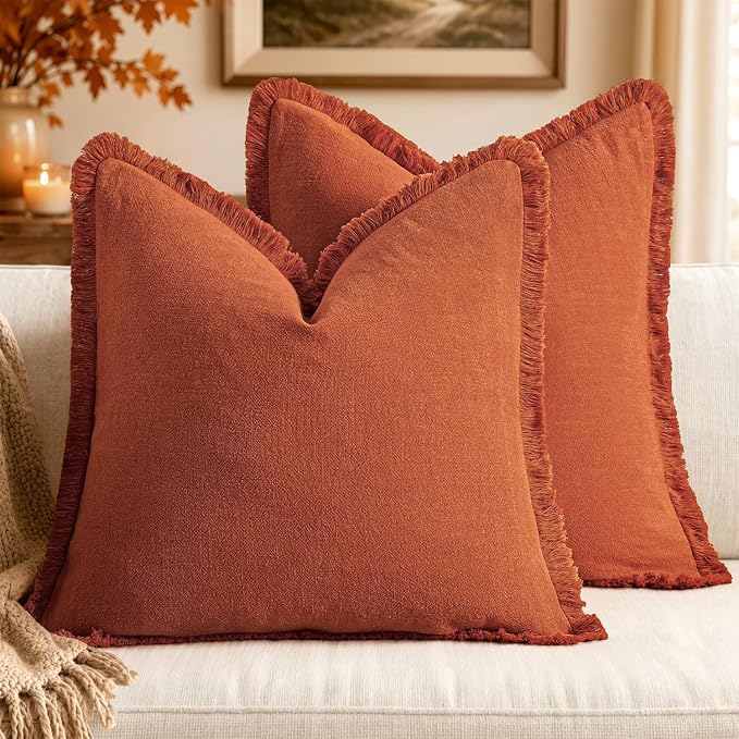 MIULEE Linen Fringe Decorative Fall Throw Pillow Covers Burnt Orange 20x20 | Set of 2, Cottagecore Decor, Boho Farmhouse Neutral Pillow Covers, Rustic Fall Couch Cushion Cases for Sofa Bed Living Room