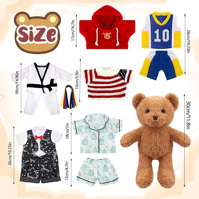 Build A Bear Clothes Bears Stuffed Animal with 5 Pcs Bear Clothes Tee Hoodie Cute Tiny DIY Toy Make Your Own Bear Plush Doll