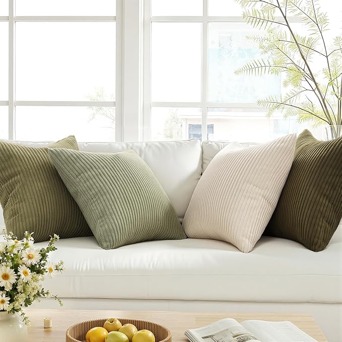 Topfinel Green White Spring Pillow Covers 22x22 Inch Set of 4 Boho Nordic Cushion Covers Soft Corduroy Home Decor for Couch Bed Sofa Living Room