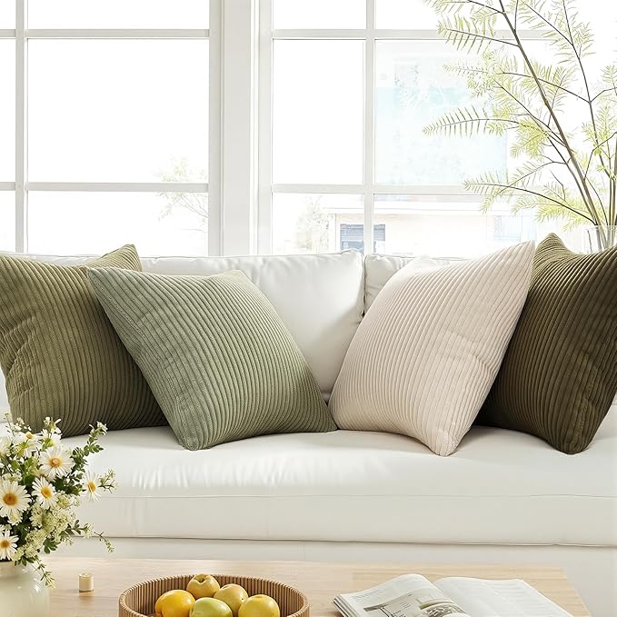 Topfinel Boho Farmhouse Green White Throw Pillow Covers 16x16 Inch Set of 4 Mordern Nordic Cushion Covers Soft Corduroy Spring Home Decor for Couch Bed Sofa Living Room Forest Green