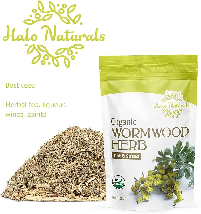 Halo Naturals Organic Wormwood Herb Cut & Sifted, 4 Ounces (Artemisia Absinthium) USDA Certified Wormwood Tea | Non-GMO | Vegan| Resealable Pouch| Packaged in The USA (Pack of 1)