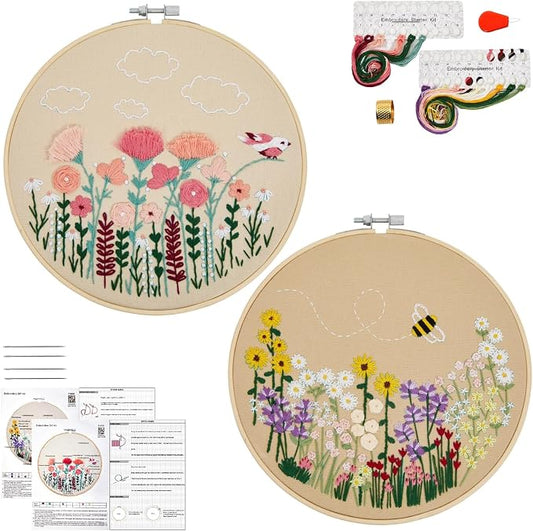 Flowers Embroidery Kits for Beginners Adults, Floral Hand Embroidery Set Needlepoint Kits, Stamped Cross Stitch Kits for Beginners Adults, 2 Embroidery Hoops, Fabric, Thread (Attached Video Tutorial)