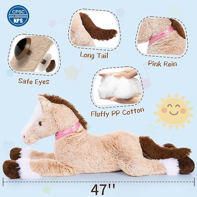 MaoGoLan Large Horse Stuffed Animal for Boy, Big Horse Plush Toy for Girl, Ridable Stuffy Pony for Kid, Stuffed Pony Plush Pillow for Baby Shower, Birthday Gifts or Party Favor, 47 inches, Brown