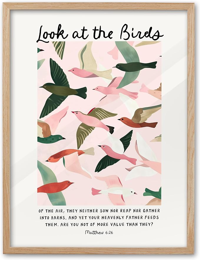 EcoHest 16x20 in Matthew 6:26 Look at the Birds Framed Christian Wall Art | Solid Oak Wood Frame with Canvas Wall Art, Scripture Bible Verse Wall Decor for Bedroom, Living Room, Office, Church, 1Pack