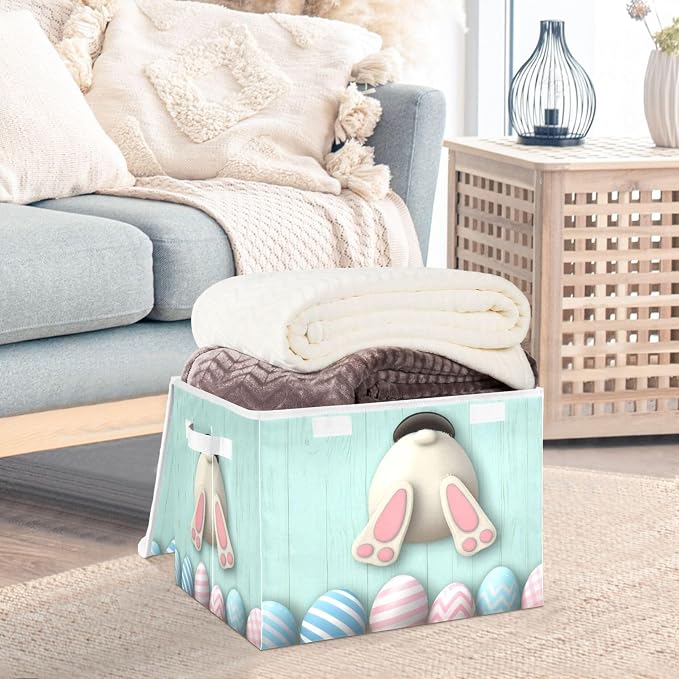 Easter Bunny Storage Bins with Lids and Carrying Handle,Foldable Storage Boxes Organizer Containers Baskets Cube with Cover for Home Bedroom Closet Office