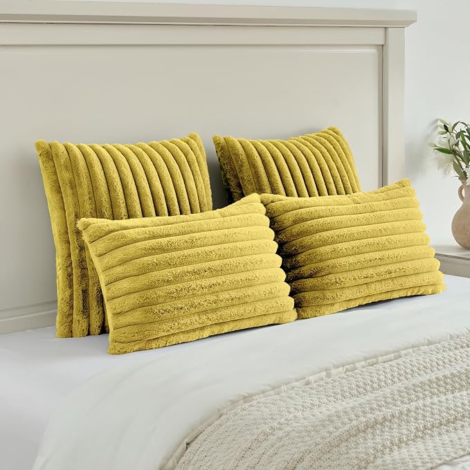 FUTEI Pack of 2 Faux Fur Throw Pillow Covers 18x18 Inch, Mustard Yellow | Fluffy Faux Rabbit Fur Front/Premium Velvet Back,Hidden Zipper,Machine Washable,Non-Shedding,Colorfast,Insert Not Included.