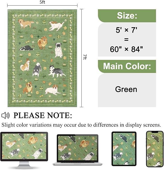 DUKINO 5x7 Area Rugs, Washable Dog Rug for Kids Room Non Slip, Green | Low Pile, Stain Resistant, Soft Animal Carpet for Living Room Bedroom Dining Room Farmhouse, Kid & Pet Friendly, Non Shedding