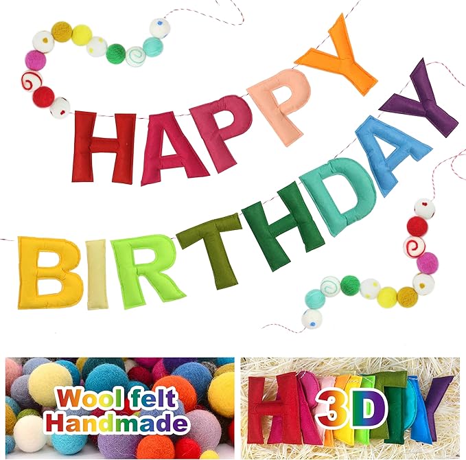 Pre-Strung 3D Felt Happy Birthday Banner - Reusable Rainbow Happy Birthday Decorations Sign,Handmade Wool Felt Ball Garland, Pom Pom Garland, Personalized Holiday Sign, Party Decor, Photo Prop