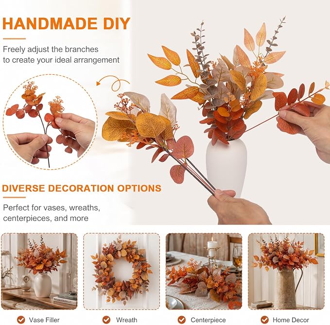 130 Pcs Fall Mixed Greenery Artificial Eucalyptus Stems Bulk, 6 Kinds of Fake Eucalyptus Leaves, Autumn Faux Floral Arrangement for Wedding Bouquet, Farmhouse Home Thanksgiving Decor (130, Orange)